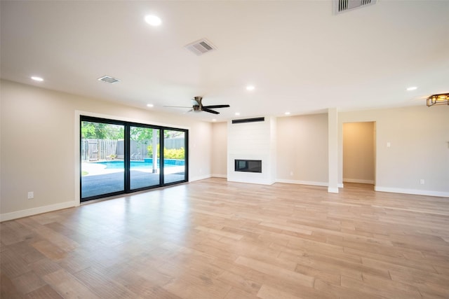 unfurnished living room featuring recessed lighting, ceiling fan, baseboards, and visible vents