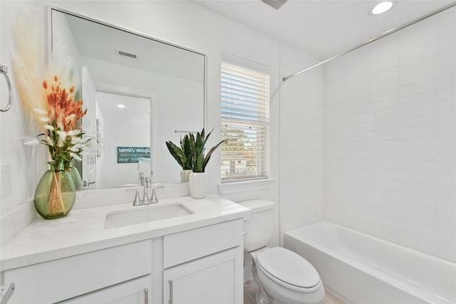1207 Highland Vineyard Ln, Houston, TX 77091 - bathroom with visible vents, toilet, recessed lighting, bathing tub / shower combination, and vanity