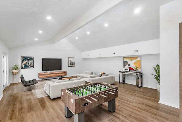 game room with recessed lighting, lofted ceiling with beams, light wood-style floors, baseboards, and visible vents