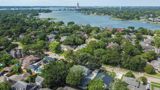 aerial view featuring a water view and a residential view