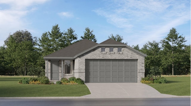 view of front facade featuring a front yard, driveway, a garage, and brick siding