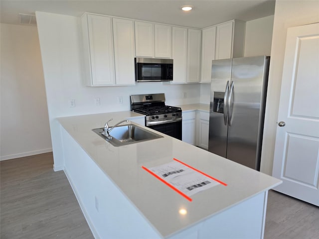 kitchen with stainless steel appliances, a peninsula, light countertops, and a sink