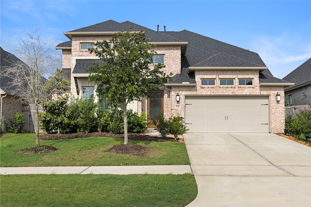 view of front facade with brick siding, a front yard, driveway, and roof with shingles