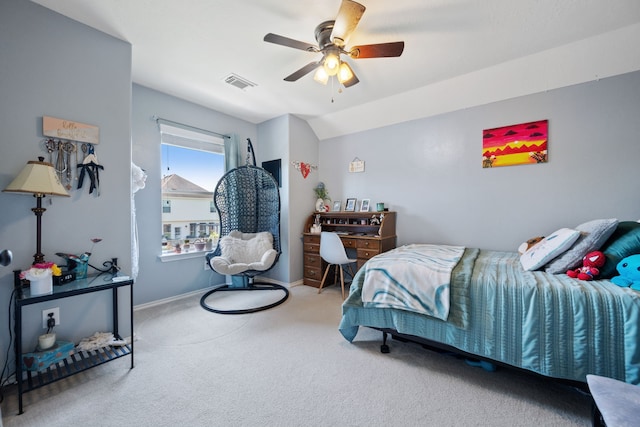 bedroom featuring baseboards, ceiling fan, carpet flooring, and visible vents