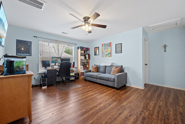 office area featuring ceiling fan, baseboards, visible vents, and wood finished floors