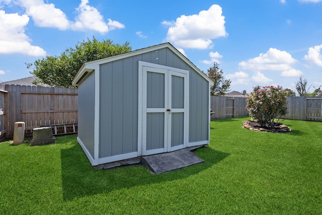 view of shed with a fenced backyard