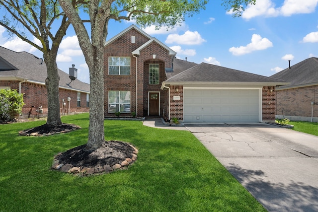 traditional home featuring concrete driveway, a front yard, brick siding, and an attached garage