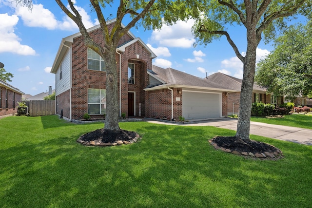 traditional-style home with driveway, brick siding, fence, an attached garage, and a front yard