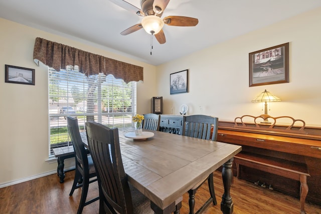 dining area with ceiling fan, baseboards, and wood finished floors