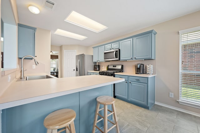 kitchen featuring visible vents, a sink, a peninsula, blue cabinetry, and appliances with stainless steel finishes
