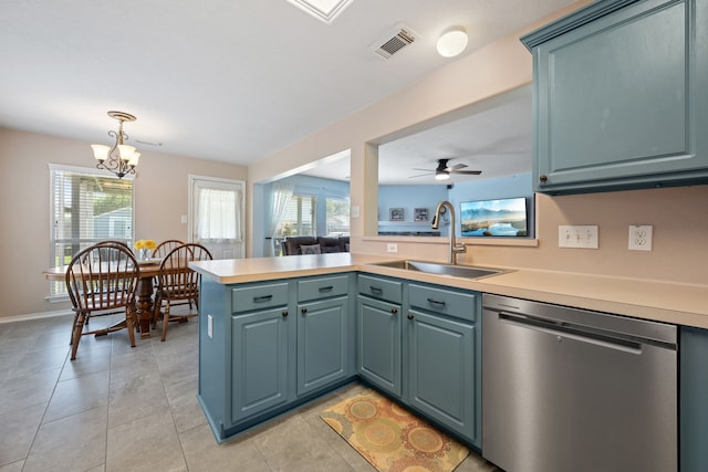 kitchen with a peninsula, a sink, stainless steel dishwasher, visible vents, and light countertops