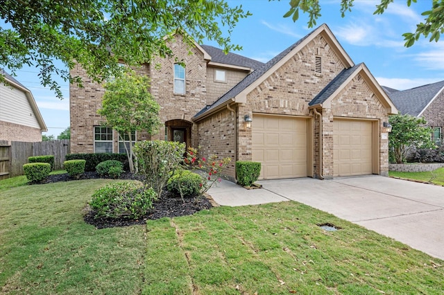 traditional home with driveway, a garage, fence, and brick siding