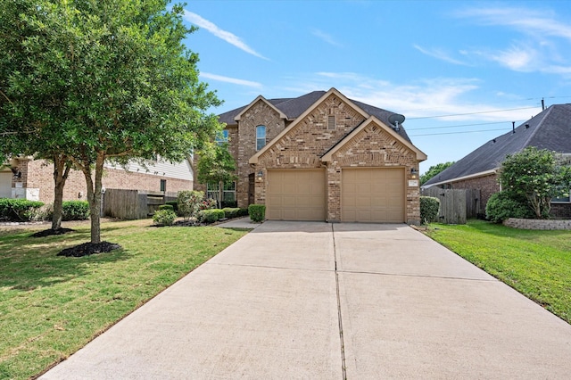 traditional home featuring fence, a front lawn, driveway, and brick siding
