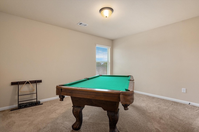 recreation room with visible vents, baseboards, carpet floors, and pool table