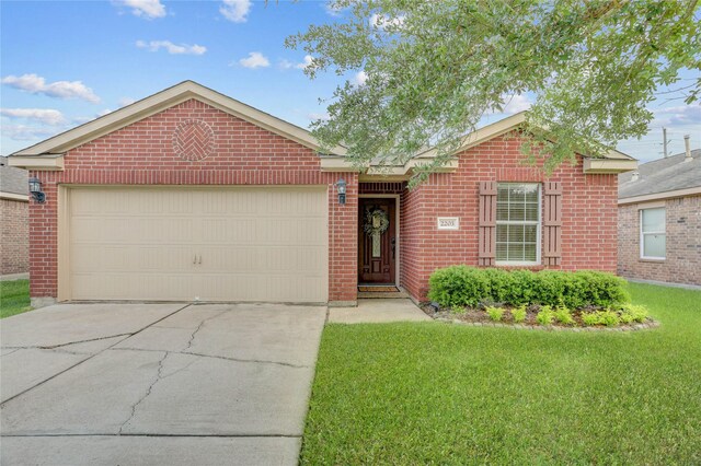ranch-style house with a garage, concrete driveway, and brick siding