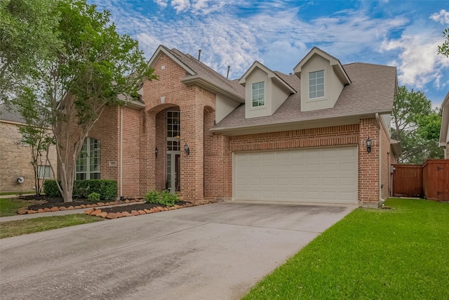 traditional home with a front yard, a shingled roof, brick siding, concrete driveway, and fence
