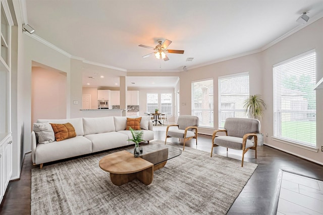 living room featuring dark wood-style floors, ceiling fan, crown molding, and plenty of natural light
