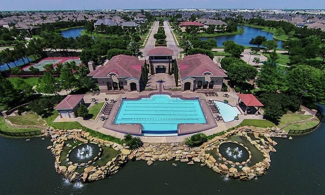 drone / aerial view featuring a water view
