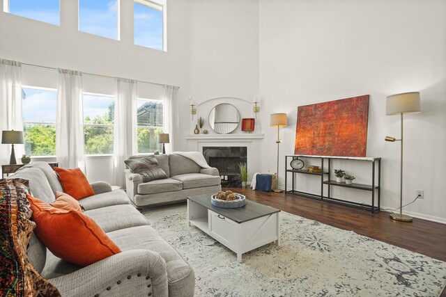 3631 Belmont Shore Ln, Missouri City, TX 77459 - living room featuring a high ceiling, wood finished floors, baseboards, and a tiled fireplace
