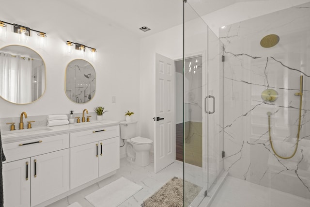3631 Belmont Shore Ln, Missouri City, TX 77459 - bathroom featuring marble finish floors, a marble finish shower, toilet, and double vanity