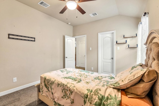 carpeted bedroom with lofted ceiling, visible vents, ceiling fan, and baseboards