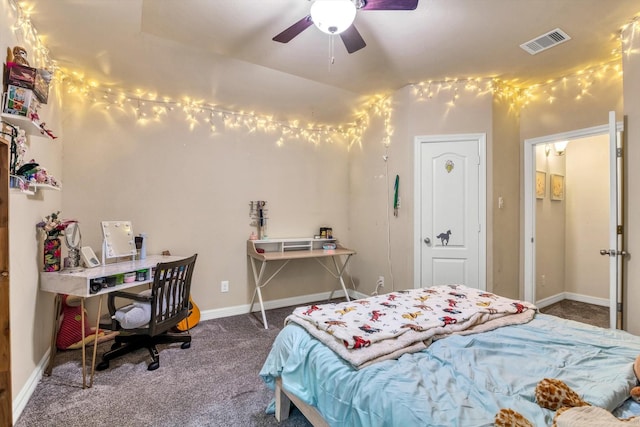 bedroom with carpet floors, ceiling fan, baseboards, visible vents, and lofted ceiling