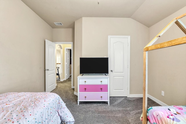 carpeted bedroom featuring visible vents, vaulted ceiling, and baseboards