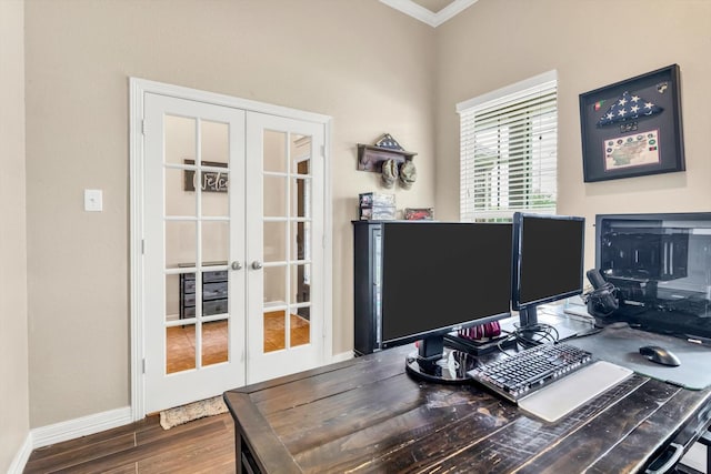 home office featuring french doors, crown molding, dark wood-style floors, and baseboards
