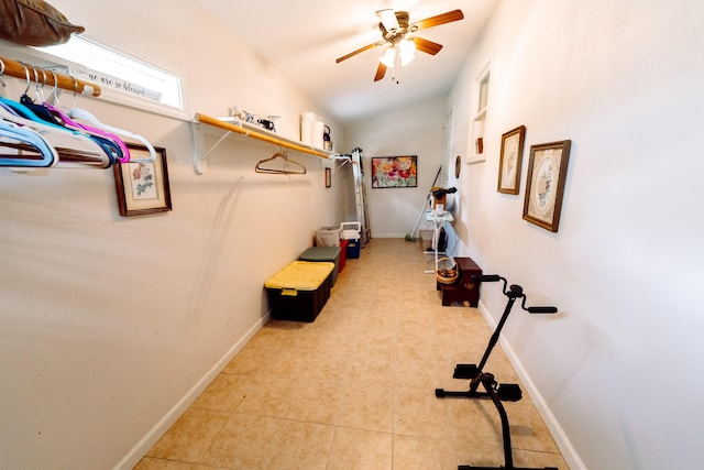 5514 Pardee St, Houston, TX 77026 - interior space featuring ceiling fan, vaulted ceiling, and light tile patterned floors
