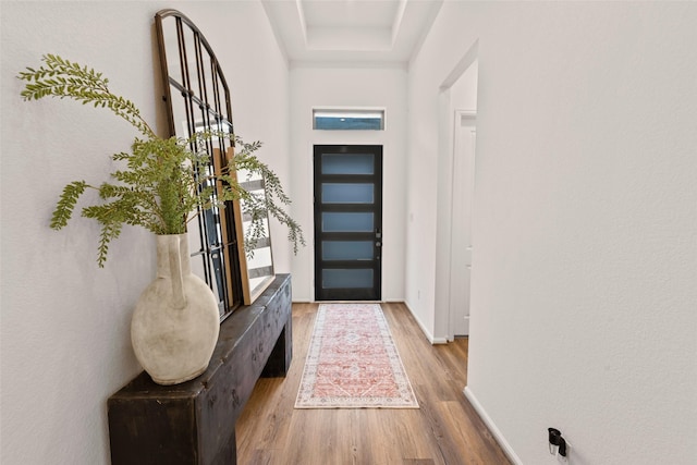 doorway featuring baseboards, wood finished floors, and a tray ceiling