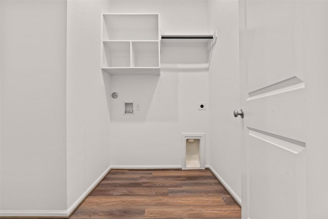 laundry area with washer hookup, laundry area, baseboards, electric dryer hookup, and wood finished floors