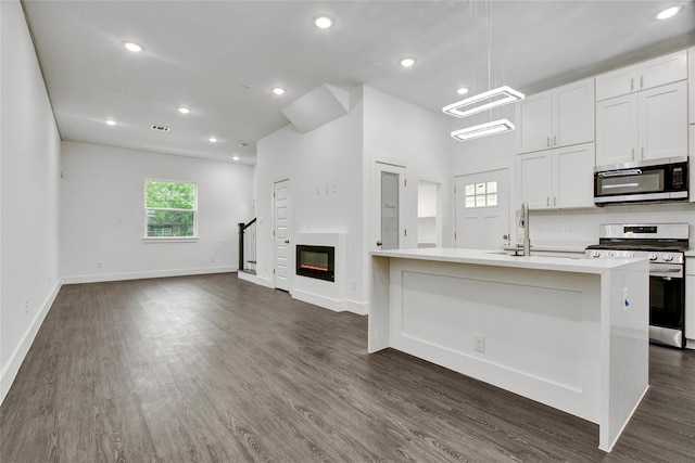 kitchen featuring dark wood finished floors, a sink, light countertops, baseboards, and stainless steel appliances