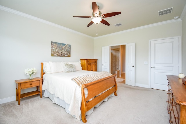 bedroom featuring baseboards, light carpet, ornamental molding, and visible vents
