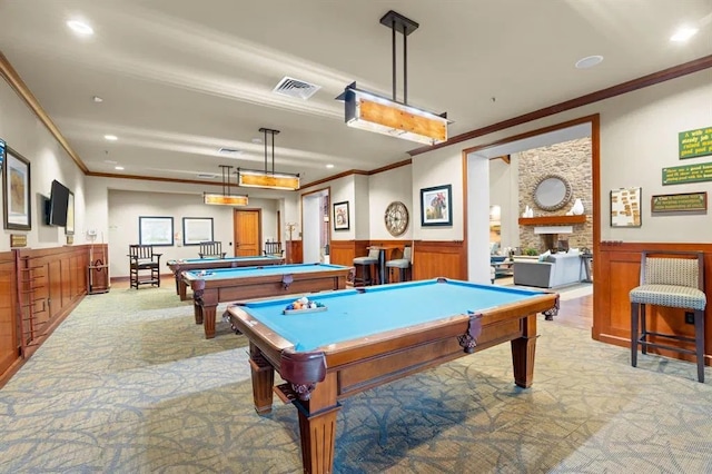 game room featuring ornamental molding and pool table
