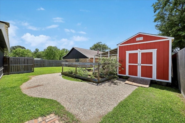view of shed featuring a vegetable garden and a fenced backyard