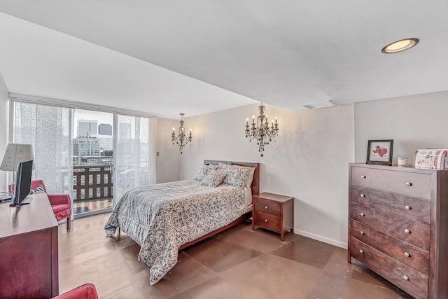 bedroom with a chandelier, visible vents, access to exterior, baseboards, and floor to ceiling windows