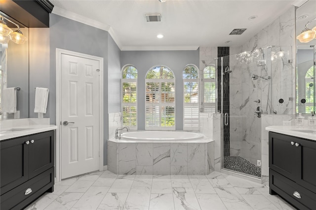 bathroom with visible vents, a marble finish shower, a garden tub, and crown molding