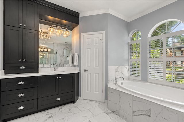bathroom with vanity, a garden tub, a marble finish shower, marble finish floor, and ornamental molding