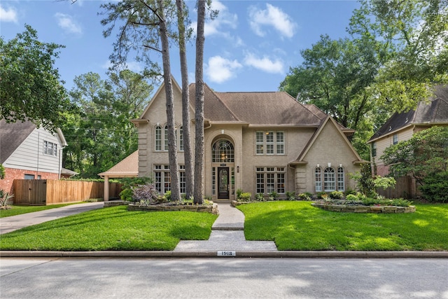view of front of house with fence, brick siding, and a front lawn