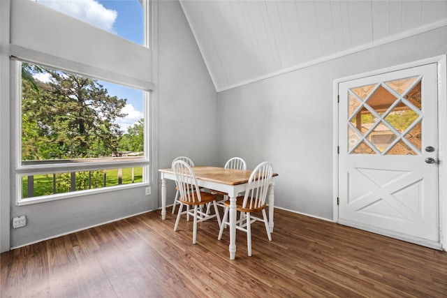 dining space featuring lofted ceiling, a wealth of natural light, and wood finished floors
