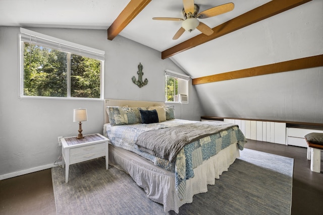bedroom with a ceiling fan and vaulted ceiling with beams