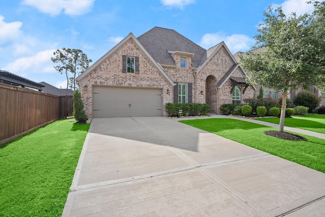 16711 Arboleda Dr, Humble, TX 77346 - french country home with brick siding, concrete driveway, a garage, and roof with shingles