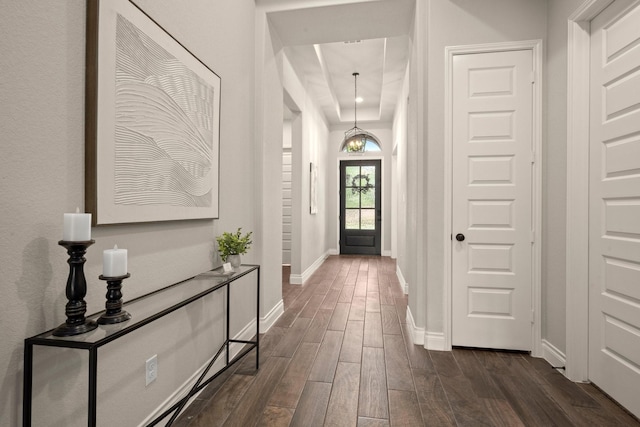 16711 Arboleda Dr, Humble, TX 77346 - entrance foyer featuring dark wood-style flooring, baseboards, and a raised ceiling