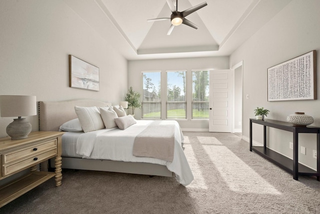 16711 Arboleda Dr, Humble, TX 77346 - bedroom featuring carpet floors, a raised ceiling, ceiling fan, and lofted ceiling