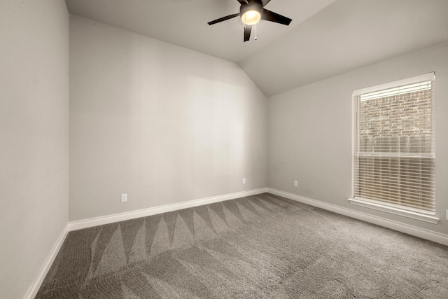 16711 Arboleda Dr, Humble, TX 77346 - empty room featuring ceiling fan, carpet flooring, baseboards, and lofted ceiling
