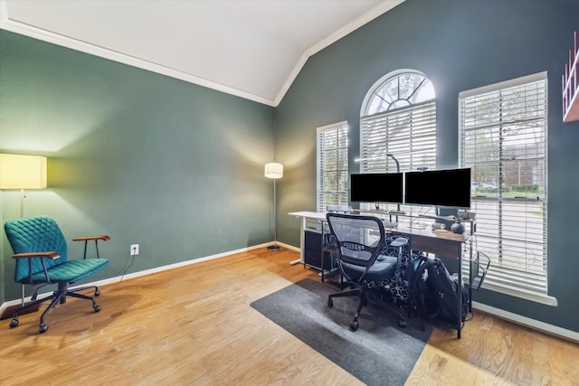 13907 Carrington Ln, Cypress, TX 77429 - home office featuring ornamental molding, vaulted ceiling, baseboards, and wood finished floors