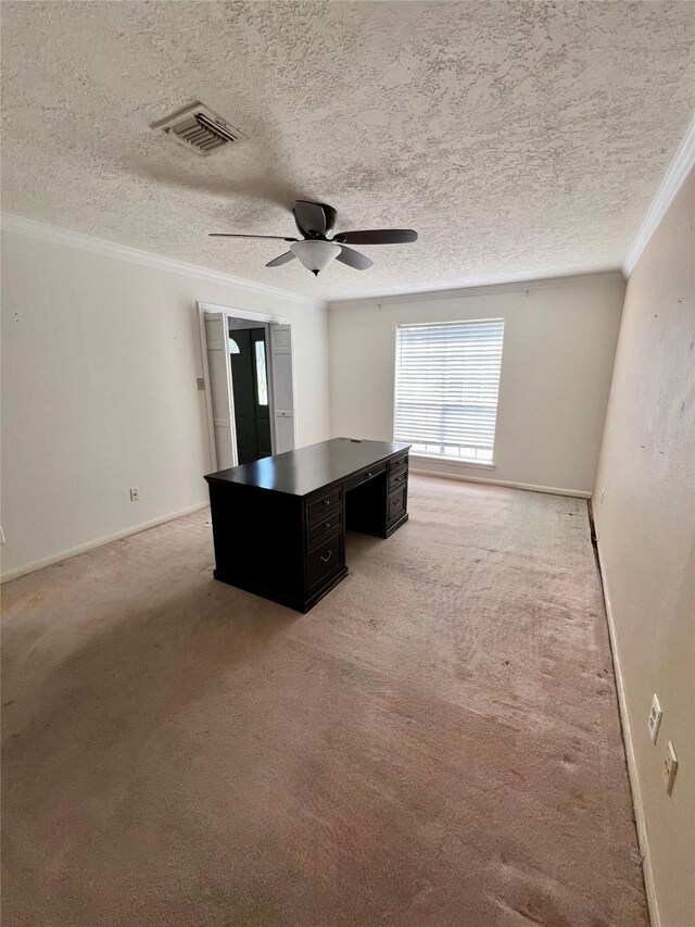 16418 York Minster Dr, Spring, TX 77379 - unfurnished office featuring ornamental molding, light carpet, ceiling fan, a textured ceiling, and baseboards