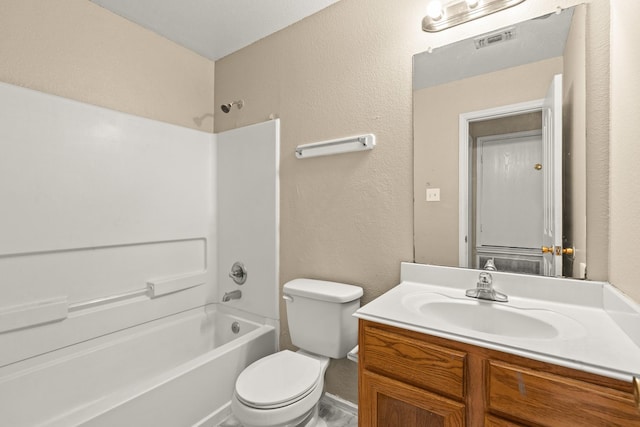 7931 Raven Creek Ln, Cypress, TX 77433 - full bath featuring vanity, shower / bath combination, toilet, visible vents, and a textured wall