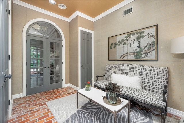 11519 Shadow Way St, Houston, TX 77024 - sitting room with visible vents, ornamental molding, baseboards, brick floor, and french doors