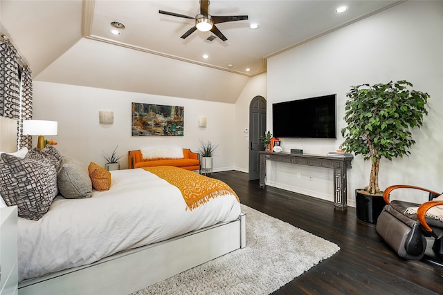 11519 Shadow Way St, Houston, TX 77024 - bedroom with arched walkways, vaulted ceiling, wood finished floors, baseboards, and recessed lighting